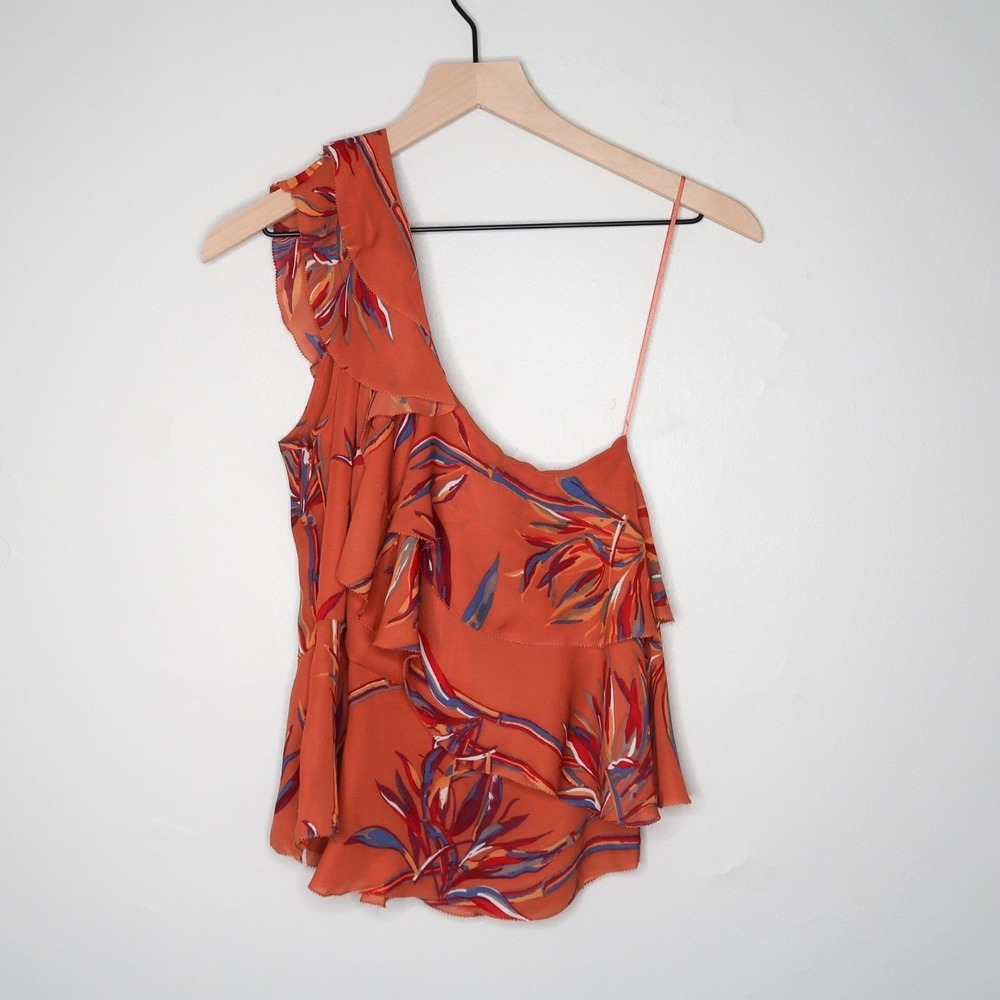 Amaryllis Womens Blouse XS Orange One Shoulder Ruffle Tiered Tropical Floral